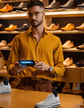 portrait of a man in a cutting-edge shoe shop with (4) portrait of a man in a cutting-edge shoe shop with (4)